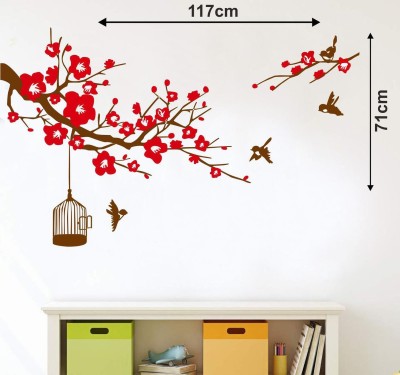 GLOBAL GRAPHICS 117 cm Birds Wall Sticker Red Flower and bird , cages colorfull wall sticker for home décor (pvc vinyl,multicolor,size91x70cm) Self Adhesive Sticker(Pack of 1)