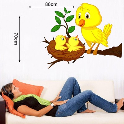 GLOBAL GRAPHICS 86 cm Birds Wall Sticker Bird With tree and baby birds on next wall sticker multicolor décor (pvc vinyl,size77x75cm) Self Adhesive Sticker(Pack of 1)