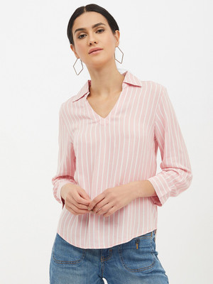 HARPA Casual Full Sleeve Striped Women Pink Top