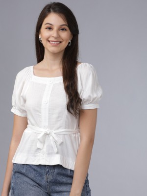 Tokyo Talkies Casual Short Sleeve Solid Women White Top