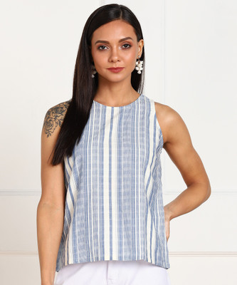AND Casual Sleeveless Striped Women White, Blue Top