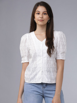 Tokyo Talkies Casual Short Sleeve Solid Women White Top