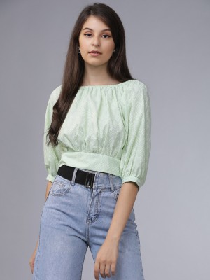 Tokyo Talkies Casual 3/4 Sleeve Solid Women Green Top