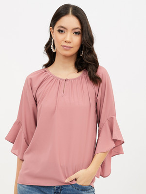 HARPA Casual 3/4 Sleeve Solid Women Pink Top