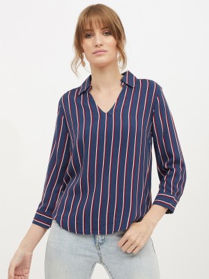 HARPA Casual Full Sleeve Striped Women Blue Top