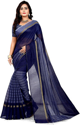 WAMA FASHION Striped Fashion Cotton Blend Saree(Blue)
