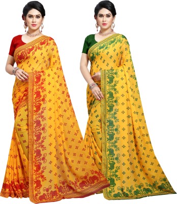 Anand Floral Print Daily Wear Georgette Saree(Pack of 2, Red, Green, Yellow)