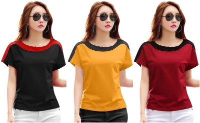 BASE 41 Solid Women Round Neck Red, Black, Yellow T-Shirt