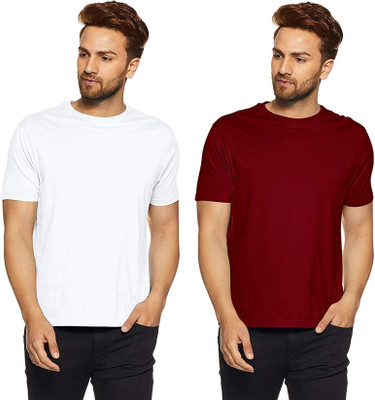 LazyChunks Solid Men Round Neck White, Maroon T-Shirt
