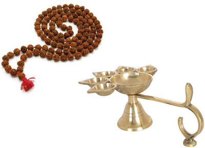 Uniqon Combo of 5 Face Puja Camphor Burner Lamp Punch Aarti ( 2 No ) Diya With 8mm Rudraksha Beads Mala for Japa Rosary For Puja Purpose Brass(2 Pieces, Gold)