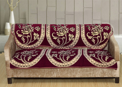 Nendle Velvet 3 Seater Sofa Floral Cover(Pack of 4 Maroon, Gold)