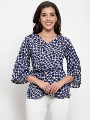 indibelle Casual Bell Sleeve Checkered Women Blue Top