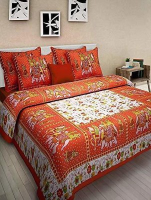 Fabricart 144 TC Cotton Double Jaipuri Prints Flat Bedsheet(Pack of 1, Orange)