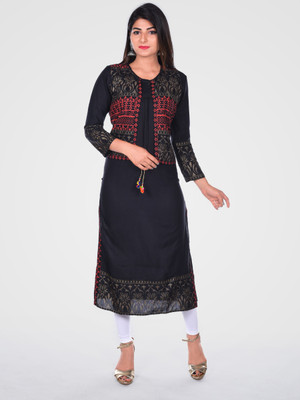 Khushrang Women Printed Straight Kurta(Black)