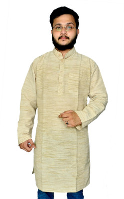 DESHBANDHU KHADI Men Woven Design Straight Kurta(Beige)