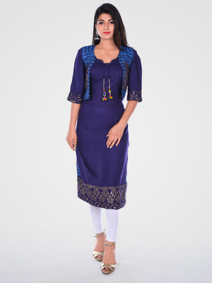 Khushrang Women Printed Straight Kurta(Dark Blue)