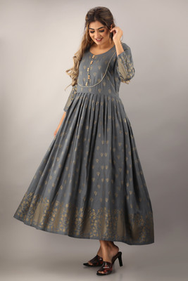 Surhi Women Printed Flared Kurta(Grey)