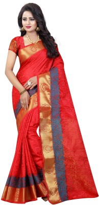 Perfect Wear Woven Kanjivaram Cotton Silk Saree(Red)