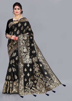 Being Banarasi Self Design, Woven, Embellished, Solid Kanjivaram Silk Blend, Jacquard Saree(Black)