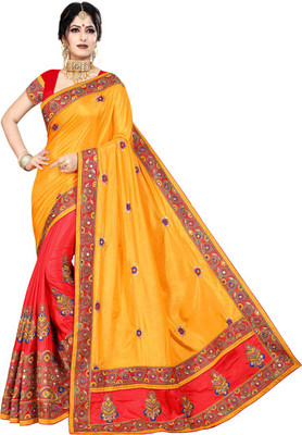 Krishna R fashion Embroidered Bollywood Poly Silk Saree(Red, Yellow)