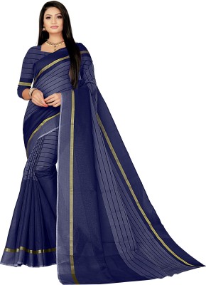 Suntex Striped Bollywood Cotton Blend, Cotton Linen Saree(Light Blue, Blue)