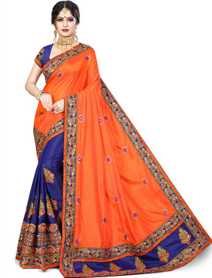 Krishna R fashion Embroidered Bollywood Poly Silk Saree(Orange, Blue)