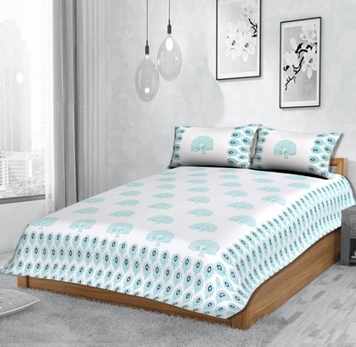 Radhika 120 TC Cotton King Jaipuri Prints Flat Bedsheet(Pack of 1, Blue)
