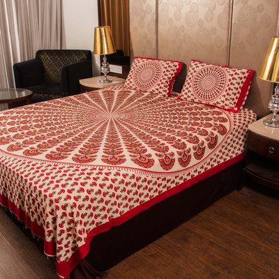 E ELMA 210 TC Cotton Double Jaipuri Prints Flat Bedsheet(Pack of 1, Red)