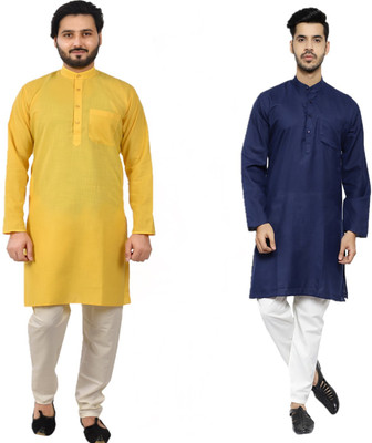 PRO ETHIC Men Solid Straight Kurta(Blue, Yellow)