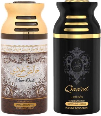 Lattafa PURE OUDI + QAEED Perfumed Body Spray, Best Premium Quality Fragrance, 250ml Deodorant Pack of 2 Ideal for Both Men and Women. Body Spray  -  For Men & Women(250 ml, Pack of 2)