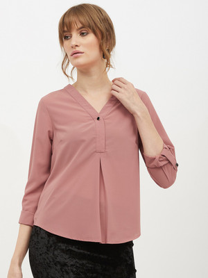 HARPA Casual 3/4 Sleeve Solid Women Pink Top