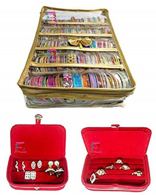 Little one satin 5 roll bangal churi box golden with red ear & ring boxes Make up and jewellery Vanity Box(Multicolor)