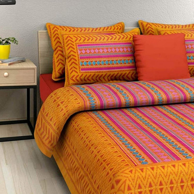BATHAM HANDLOOM 151 TC Cotton Double Printed Flat Bedsheet(Pack of 1, Yellow)