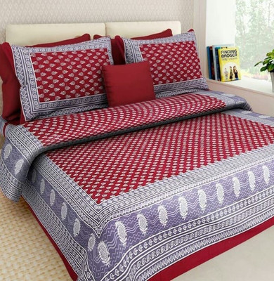 New Era Creation 500 TC Cotton Double Jaipuri Prints Flat Bedsheet(Pack of 1, Maroon)