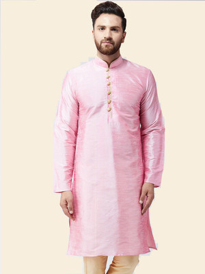 SAIFOO Men Self Design Straight Kurta(Pink)