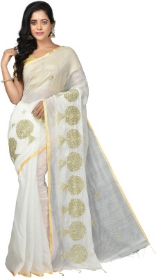 Mystory Embroidered Bollywood Cotton Silk Saree(White, Gold)