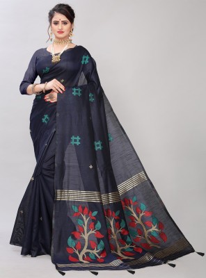 Being Banarasi Self Design, Paisley, Woven, Embellished Banarasi Silk Blend, Jacquard Saree(Dark Blue, Gold)