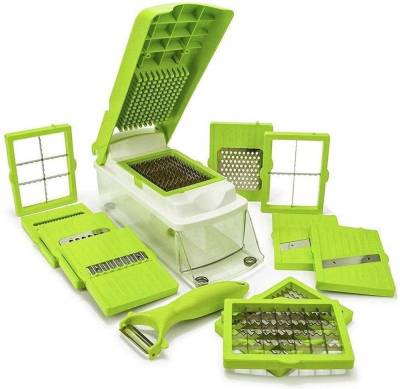 Green Plastic And Stainless Steel 12 In 1 Vegetable Chopper, For