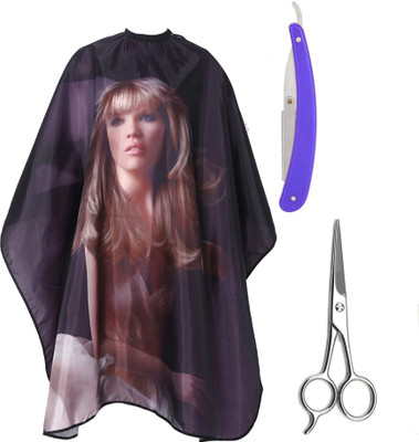 Angel Infinite Combo Of Hair Cutting Apron Cape (Printed), Straight Razor (Blue), and Scissors Set of 3(3 Items in the set)