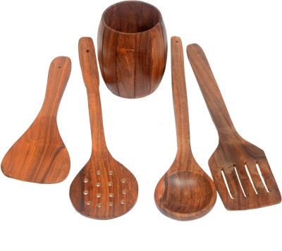 All About Wood Sheesham Wooden Eco-Friendly - (Set of 4 Serving & Ladle spoons + Pen Jar)- Brown Wooden Cutlery Set(Pack of 5)