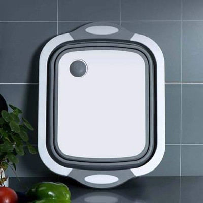 easyway 4 in 1 Multifunctional Silicon Based Kitchen Foldable Cutting | Chopping Board | Collapsible Dish Tub | Vegetable | Fruit Washing | Draining Basket with Plug | Folding Washbasin | Tray to Serve Silicone Cutting Board(White, Grey Pack of 1 Dishwasher Safe)