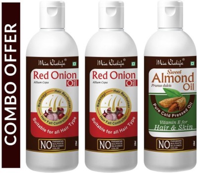 Mia Khalifa Red Onion Oil with Redensyl + Hair Revitalizer, Hair Regrowth & Hair Fall Control Hair Oil 150 ML + Red Onion Oil with Redensyl + Hair Revitalizer, Hair Regrowth & Hair Fall Control Hair Oil 100 ML + Pure Cold Pressed SWEET ALMOND OIL with Vitamin E for Hair Regrowth & Body Oil 100 ML (S