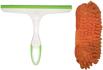 NOHUNT Microfibre Wash and Dust Chenille Mitt Cleaning Scrubber & Car Wiper for Cleaning Window Glass, Tiles, Kitchen Table Platform (1pc Car Wiper Green&1pc Car Scrubber Orange) Kitchen Wiper, Duster