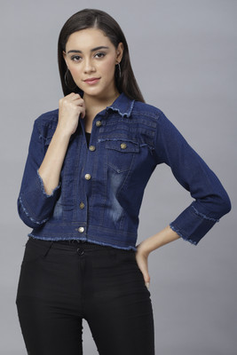 MAKEBELIEF 3/4th Sleeve Washed Women Denim Jacket