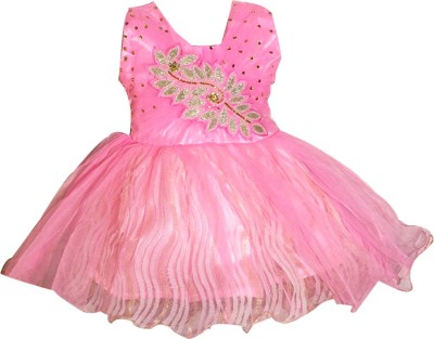 any time fashion Baby Girls Midi/Knee Length Casual Dress(Pink, Sleeveless)