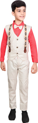 PECULIARITY Boys Festive & Party Shirt, Waistcoat and Pant Set(Red Pack of 1)