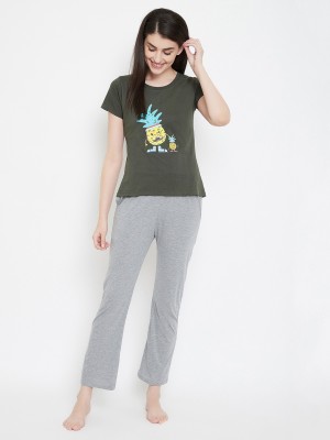 Clovia Women Printed, Self Design Grey, Green Top & Pyjama Set