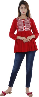 DARGU Casual Embroidered Women Red Top