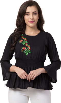 FUNDAY FASHION Casual Bell Sleeve Embroidered Women Black Top