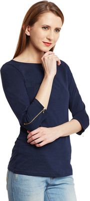 Miss Chase Casual 3/4 Sleeve Solid Women Dark Blue Top